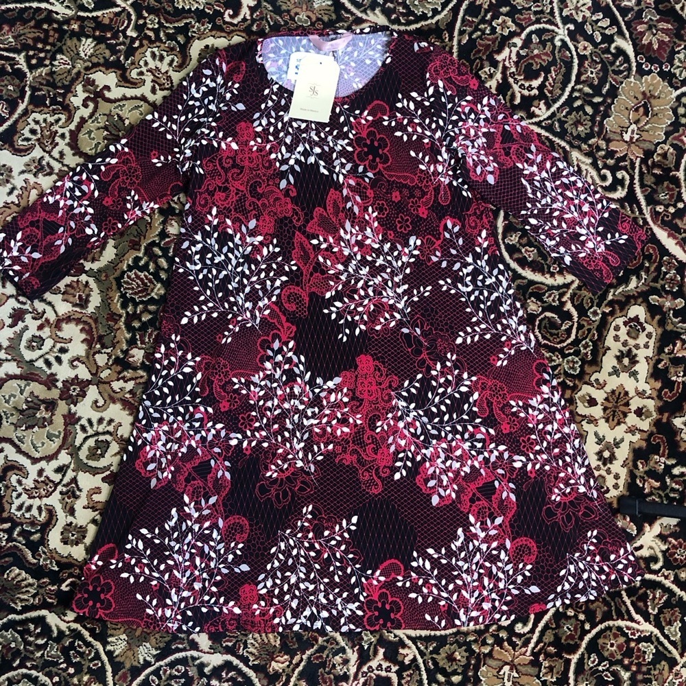 SJS Red and Black Leaf Patterned Dress shift M